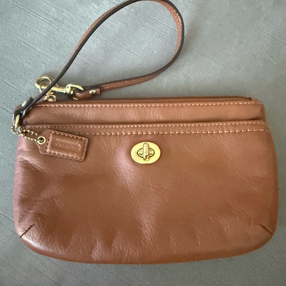 Coach Tan Leather Wristlet with Gold Turnlock
